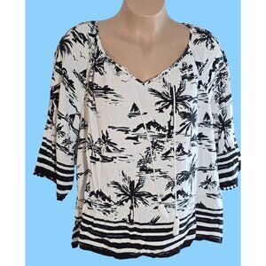 Ruby Rd Size 3X Black and White Tropical Top 1/2 Fringed Sleeves Tassel Tie Blou